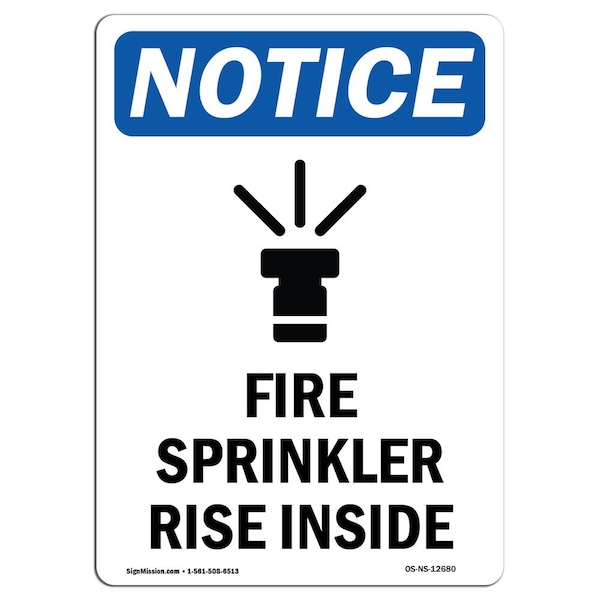 OSHA Sign, Fire Sprinkler Riser Inside With Symbol, 18in X 12in Aluminum, 12" W, 18" L, Portrait